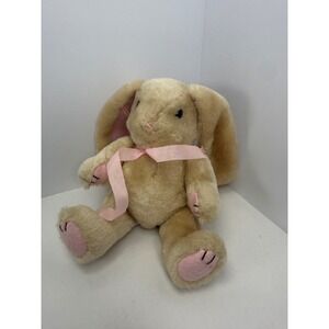 Vintage Tan Plush Bunny Rabbit Long Floppy Ears Pink Ribbon PA 1564 Easter Toy